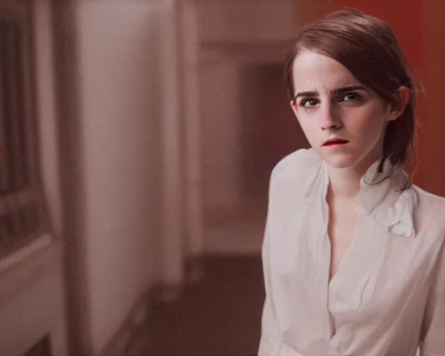 Image similar to emma watson lost in backrooms, cinestill 800t, cinematic shot, 4k HD,black bar movie