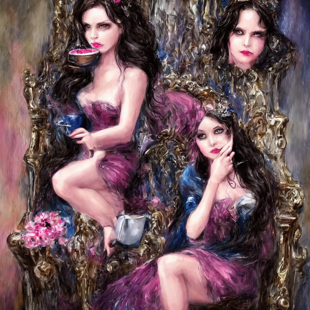 Image similar to beautiful young dark haired girl, with blue eyes, pink lips, dark eye shadow, lois royo style, dark princess of coffee, sitting on a throne drinking coffee.