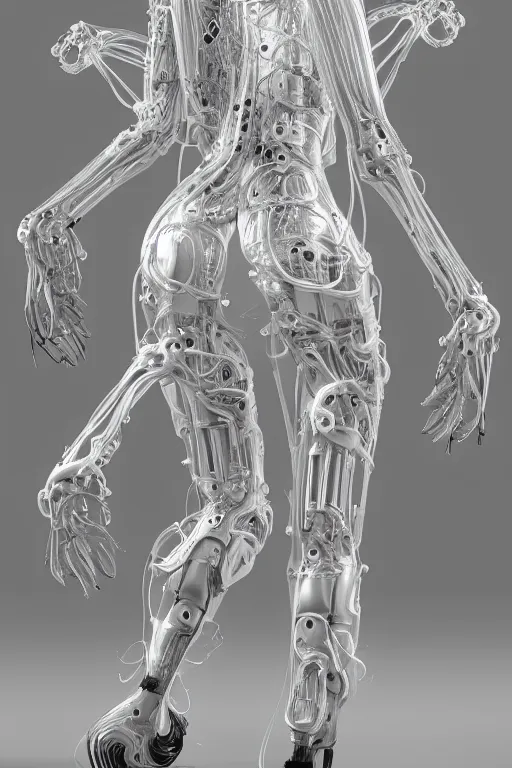 Image similar to iris van herpen, perfect symmetrical body, helmet on face, full body shot, inflateble shapes, wires, tubes, veins, jellyfish, white biomechanical details, wearing epic bionic cyborg implants, masterpiece, intricate, biopunk, vogue, highly detailed, artstation, concept art, cyberpunk, octane render