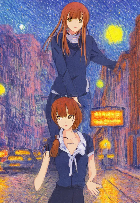 Image similar to wide angle portrait of a teenage girl, a thrifty outfit, somewhat of an anime in impressionist style, city street view background, starlit night sky, trending artwork, illustrated in anime painter studio, by claude monet