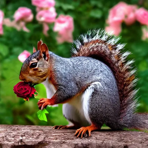 Prompt: Squirrel eating rose bush, realistic artstyle, wide shot, dramatic lighting, octane render, hyperrealistic, high quality, highly detailed, HD, beautiful, cinematic, 8k, unreal engine, facial accuracy, symmetrical