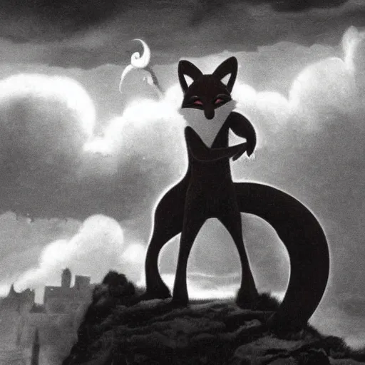 Prompt: anthropomorphic fox!! who is a medieval knigh - - t holding a swo - rd towards a stormy thundercloud [ 1 9 3 0 s film still ], ( fantasy castle in the background )