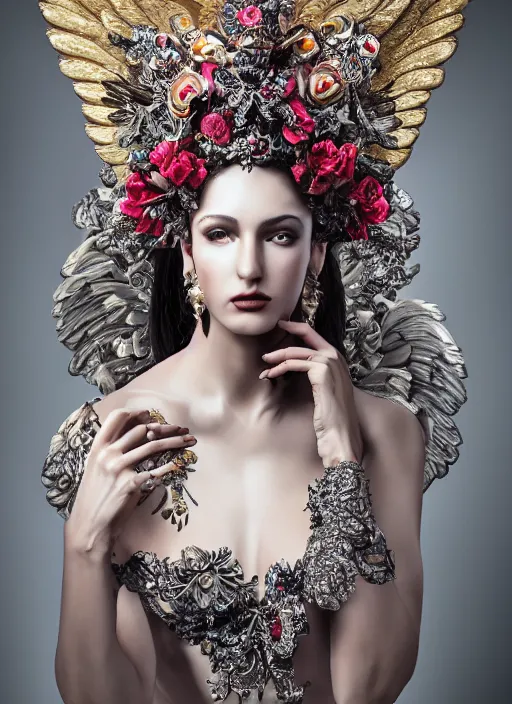 Prompt: expressive full body photo of an angel, ornate headpiece made from flowers, ornaments, glamour shot, by karol bak, by stefan gesell, photorealistic, canon r 3, fashion photography, hyper maximalist, elegant, ornate, luxury, elite, environmental portrait, symmetrical features, octane render, unreal engine, solid dark grey background, dramatic lights