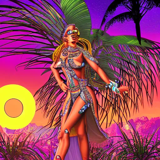 Prompt: Flashy futuristic techno-rave goa goddess with an aureola behind her, at sunset in the jungle, detailed digital art