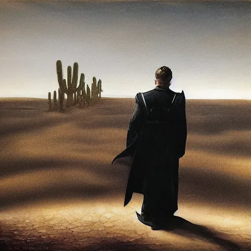 Prompt: the man in black fled across the desert and the gunslinger followed, baroque painting