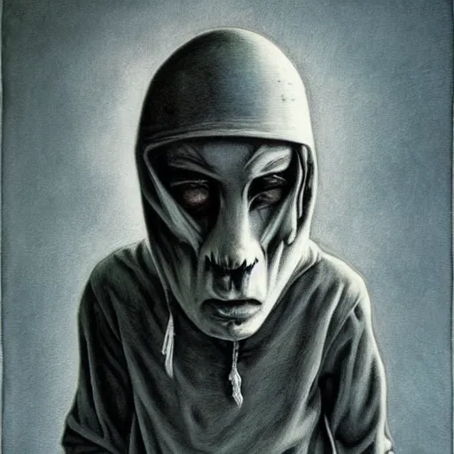 Prompt: grunge drawing of eminem by - Zdzisław Beksiński , loony toons style, horror themed, detailed, elegant, intricate