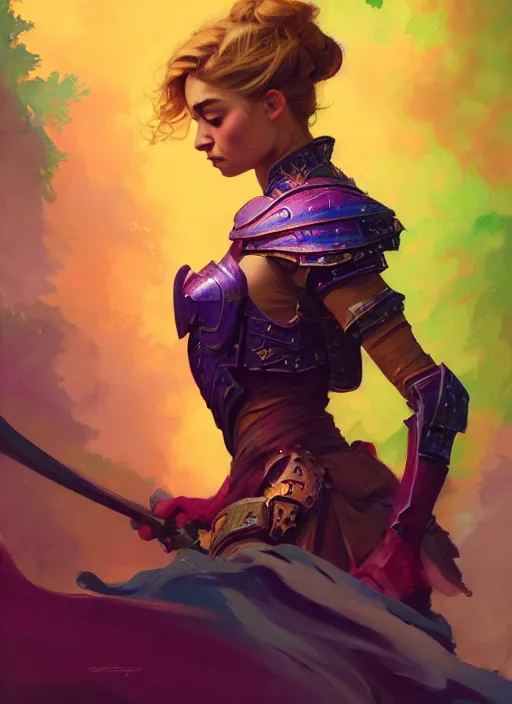 Image similar to side portrait, imogen poots, paladin, gloomhaven, colorful gaudy colors, luminescent, hard edges, organic painting, by greg manchess, huang guangjian, gil elvgren, greg rutkowski, jesper ejsing, magali villeneuve, artgerm, ilya kuvshinov