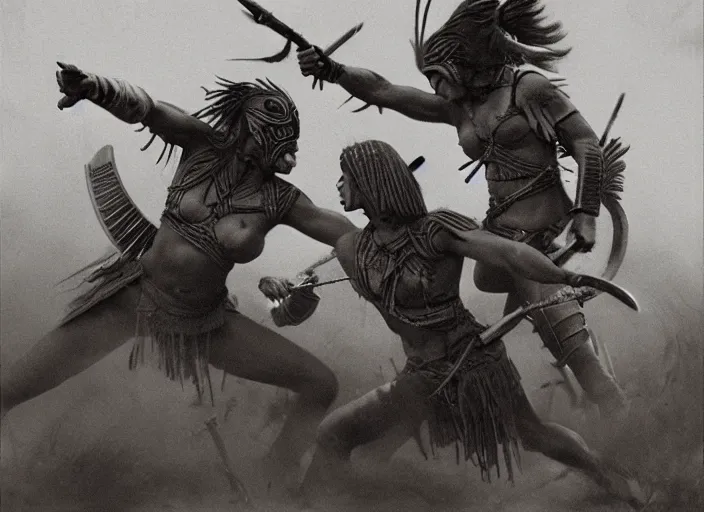 Image similar to movie, ancient Battlefield, two beautiful aztec warrior females fight, epic ,old photo, vintage, black and white, Boris vallejo, sepia, apocalypto