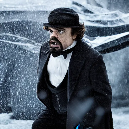 Prompt: Peter Dinklage as the Penguin in a Batman film, cinematic quality, 8k, cinematic lighting, dramatic, raining, photo realistic