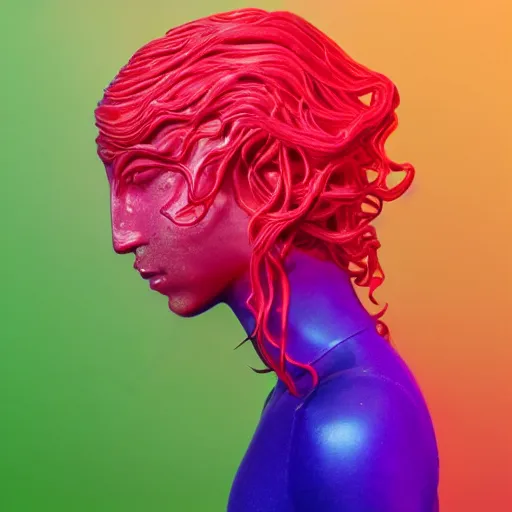 Prompt: flume and former cover art future bass girl un wrapped statue bust curls of hair petite lush side view body photography model full body curly jellyfish lips art contrast vibrant futuristic fabric skin jellyfish material metal veins style of Jonathan Zawada, Thisset colours simple background objective