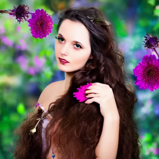 Prompt: beautiful Dressmaker with long dark hair working full of magic, flowers, 4k, colors, portrait