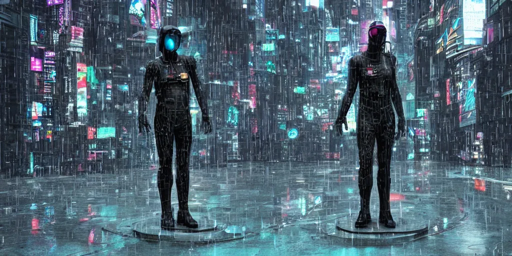 Image similar to cyberpunk statue, rain, space