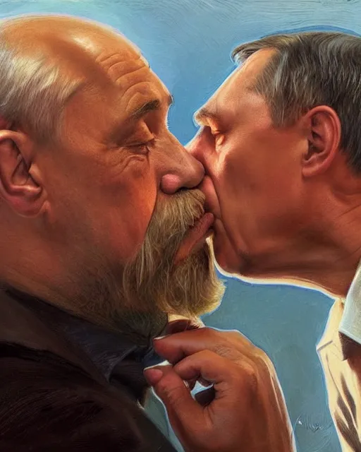 Prompt: photorealistic picture of Putin and Viktor orban kissing by Mandy Jurgens and Richard Schmid and chuck close and mucha