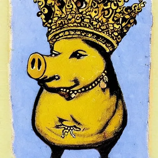 Image similar to a pig wearing a gold crown in the style of R. K. Laxman