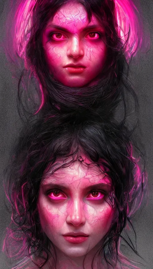 Prompt: door to the soul, furious gorgeous woman, glowing pink black hair, face covered in dirt, lord of the rings ,neon, fibonacci, sweaty, insane, intricate, highly detailed, digital painting, artstation, concept art, smooth, sharp focus, illustration, Unreal Engine 5, 8K, art by artgerm and greg rutkowski and alphonse mucha