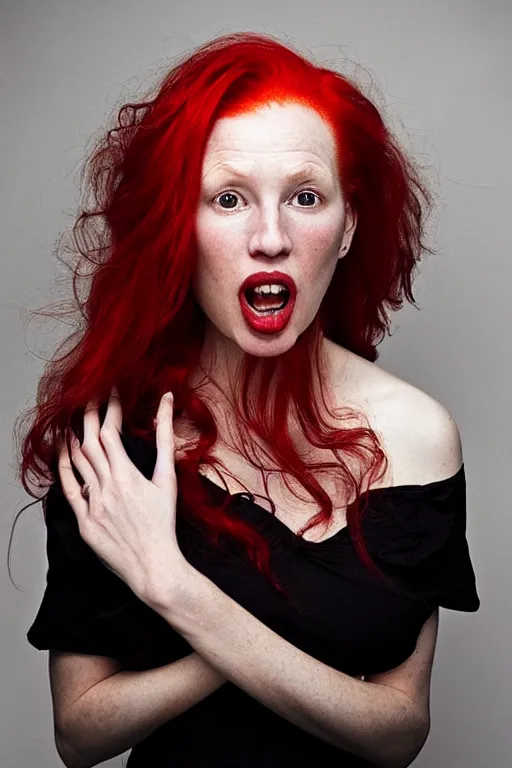 Image similar to A beautiful clothed woman with red hair, mouth slightly open, looking at the camera, award winning photograph by Annie Liebowitz