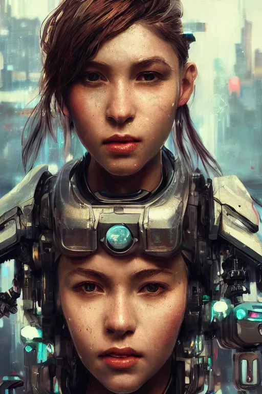 Prompt: beautiful close - up portrait of a cyborg mercenary girl, art by wlop, liam wong, cyberpunk, neon, combat armor, head and shoulders, intricate details, trending on artstation, sharp focus, caustics, octane render, radiant light, 4 k