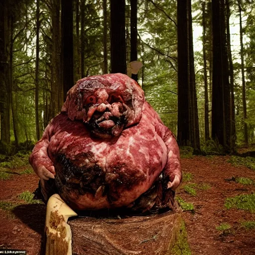 Prompt: big fat butcher with a scary face chops a piece of meat on the stump in a dark forest, old photo, scary, creepy, terrible atmosphere