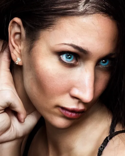 Prompt: An extremely beautiful studio photo of Lara Croft as the Girl With a Pearl Earring, bokeh, 90mm, f/1.4