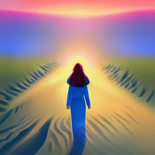 Prompt: closeup giant dahlia flower standing head, girl walking between dunes, surreal photography, sunrise, blue sky, dramatic light, impressionist painting, digital painting, artstation, simon stalenhag