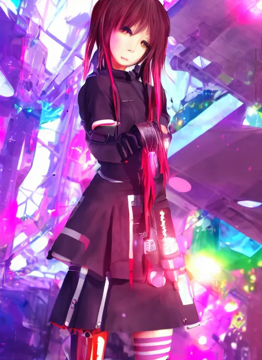 Image similar to anime, vrchat, secondlife, imvu, 3 d model of a girl wearing harajuku colorful clothes, cyberpunk armor, cyborg, pop colors, kawaii hq render, detailed textures, artgerm artstationhd, booth. pm, highly detailed attributes and atmosphere, dim volumetric cinematic lighting, hd, unity unreal engine