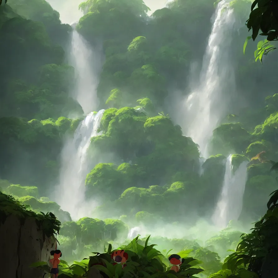 Image similar to Goro Fujita illustrating Front view of a gigantic waterfall surrounded by the Amazon, there are no animals or people, only vegetation, concept art, sharp focus, highly detailed, ArtStation