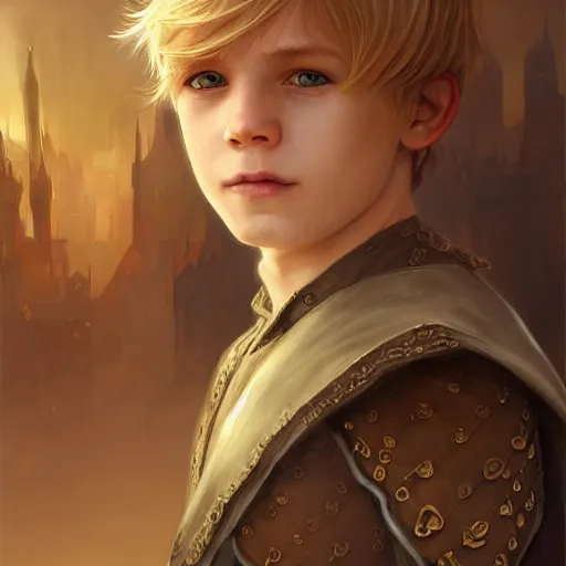 Image similar to portrait of a young boy wearing plain looking fantasy thief clothing in the slums of a fantasy city, blonde hair, d & d, fantasy, joyful smirk, intricate, elegant, highly detailed, digital painting, artstation, concept art, matte, sharp focus, illustration, art by artgerm and greg rutkowski and alphonse mucha