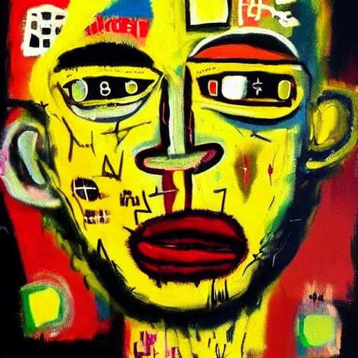 Prompt: gritty splattered punk painting of a geometric face with surprised expression, painted by basquiat. dark background. trending on artstation.