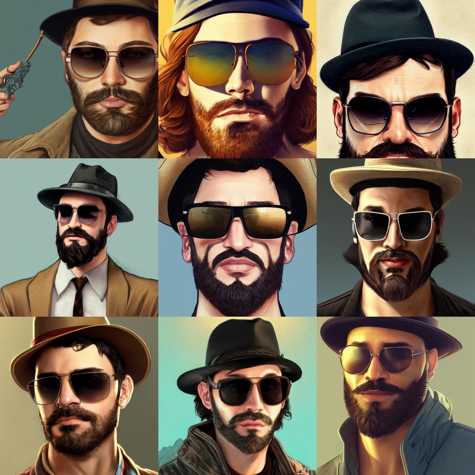 Prompt: handsome man with a beard wearing sunglasses and a hat, Mark Edward Fischbach, intricate, highly detailed, digital painting, artstation, concept art, smooth, sharp focus, illustration, gta v cover art, Unreal Engine 5, 8K, art by artgerm and greg rutkowski and alphonse mucha