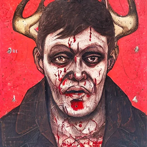 Image similar to portrait of alexander abdulov, with a red eyes, satanic body, head of old man, om blood of sinners, with background of ruined city, post - apocalyptic style, hellish style