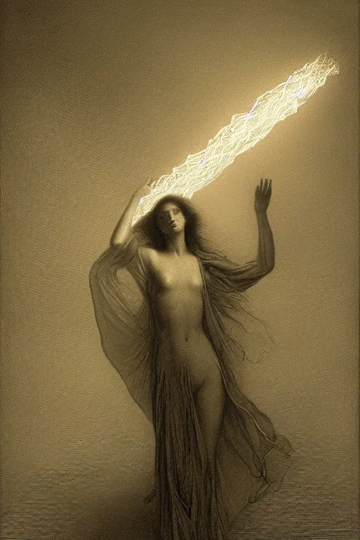 Image similar to dancer in the wind by gustave dore, light cone, reimagined by industrial light and magic