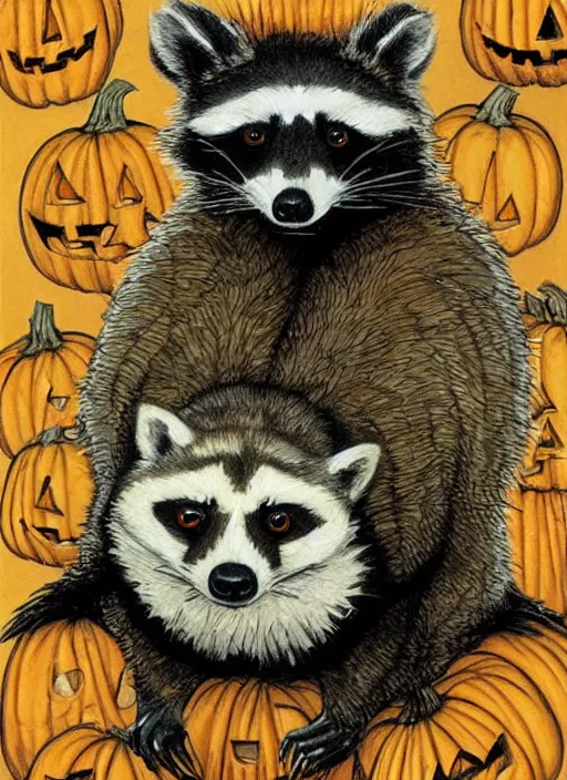 Image similar to halloween pumpkin in the shape of a raccoon by Rebecca Guay art, high quality, highly detailed,