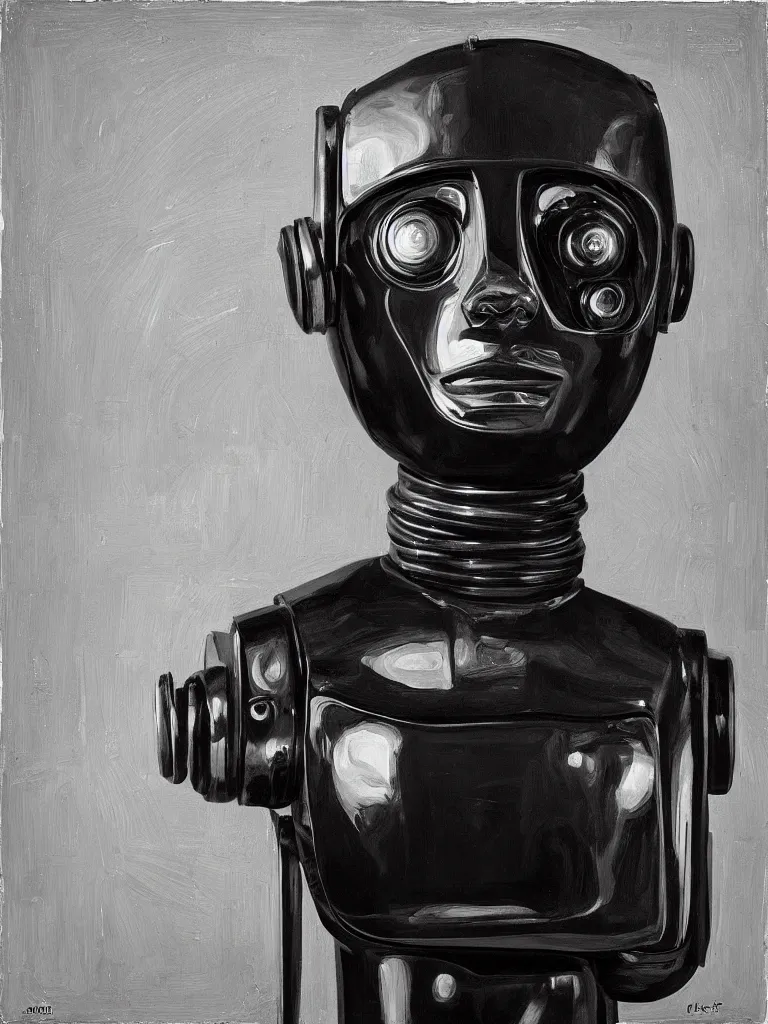 Image similar to “A perfectly centered beautiful black and white portrait oil painting of a retro-futuristic robot in Los Angeles”