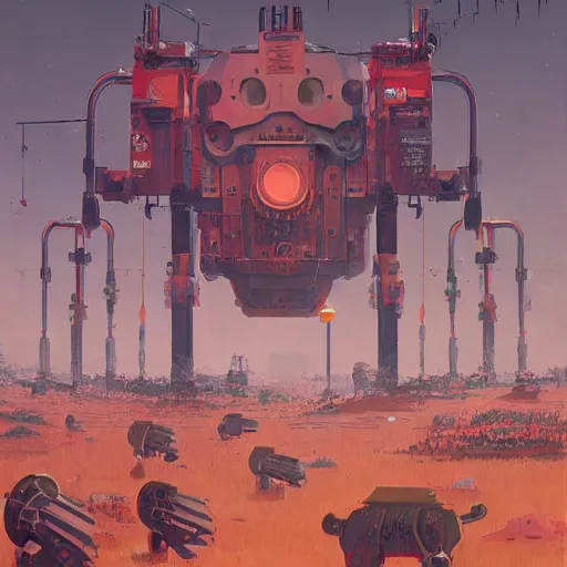 Image similar to the wretched mechanical giants who plague our kingdom, art by Simon Stalenhag