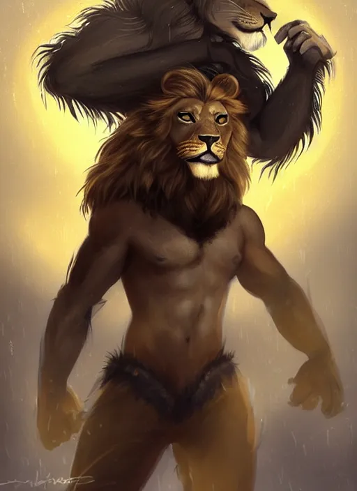 Prompt: award winning beautiful portrait commission of a male furry anthro lion fursona with a tail and a cute beautiful attractive detailed furry face wearing stylish black and gold swimming clothes in a cyberpunk beach at night while it rains. Character design by charlie bowater, ross tran, artgerm, and makoto shinkai, detailed, inked, western comic book art