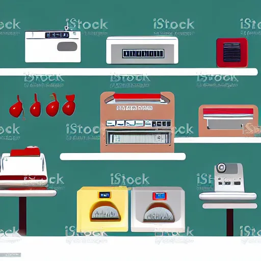 Image similar to cash register in front of a wall of electrical supplies and and food vector art