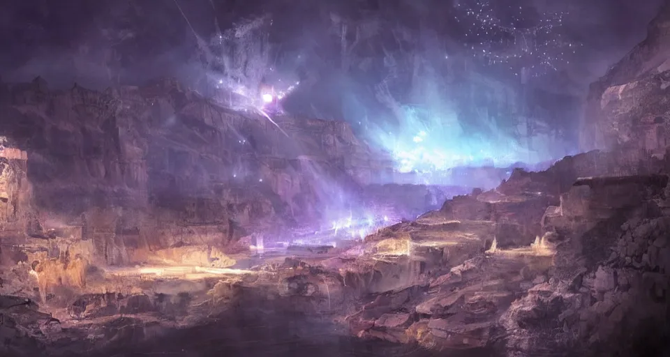 Prompt: night, a lot of people and a white luminous attractor is floating in grand canyon, concept art, art for the game, professional lighting, art