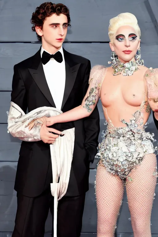 Image similar to timothee chalamet and lady gaga holding hands on the red carpet, beautiful detailed faces