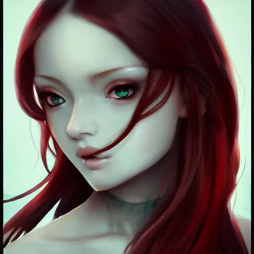 Image similar to facial portrait of a young pretty anime woman, long red hair, dark eyes, gothic eyeliner, character concept art, headshot, Charlie Bowater, Anna Dittmann, WLOP, Rumiko Takahashi, Akihiko Yoshida, Hyung-tae Kim, alexander mcqueen, trending on Artstation