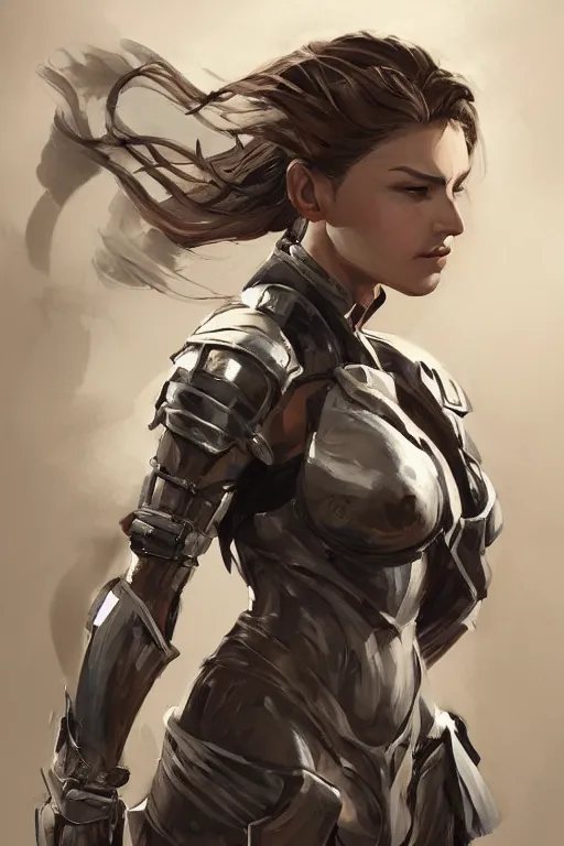 Image similar to a professional portrait of an attractive young female, partially clothed in battle armor, olive skin, long dark hair, beautiful bone structure, symmetrical facial features, intricate, elegant, digital painting, concept art, illustration, sharp focus, from Metal Gear, in the style of Ruan Jia and Mandy Jurgens and GregRutkowski and William-Adolphe Bouguerea