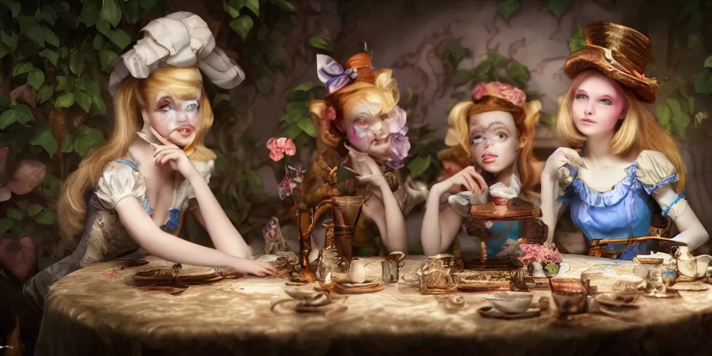 Prompt: a insanely intricate beautifull 3 d render of alice in wonderland, beauty faces, cute detailed characters, unreal engine, 8 k resolution, cell shaded rendering, soft dramatic lighting, cinematic, insane details, subsurface scattering, anti aliashing, pixar,