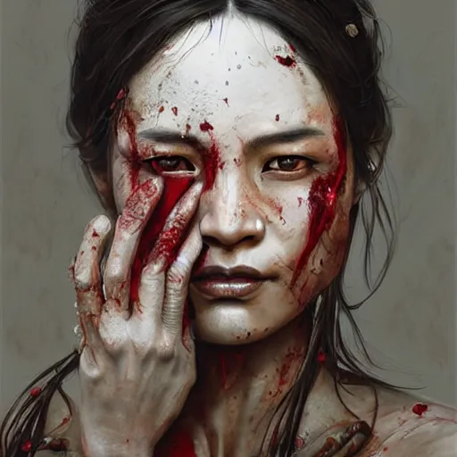 Image similar to portrait painting of a bloodied nepali female butcher, ultra realistic, concept art, intricate details, eerie, highly detailed, photorealistic, octane render, 8 k, unreal engine. art by artgerm and greg rutkowski and alphonse mucha