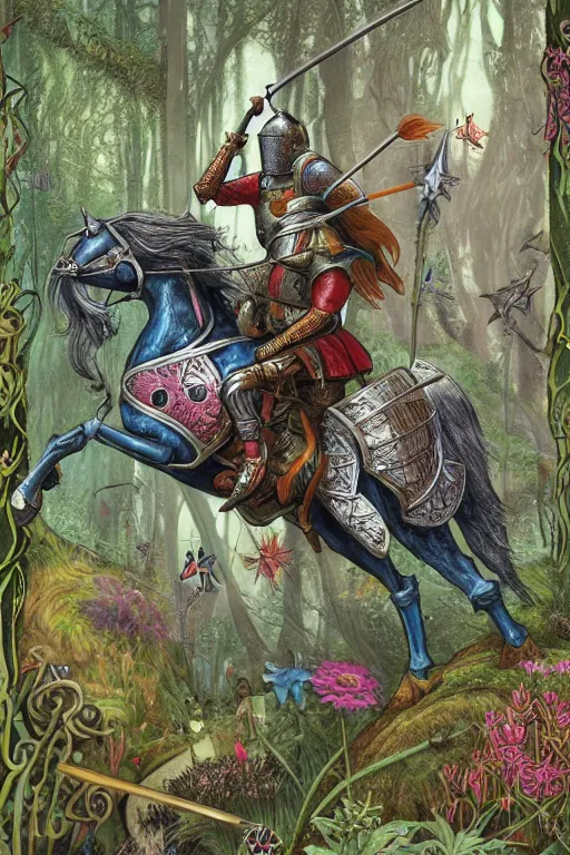 Image similar to medieval knight riding a horse in a magic kingdom overgrown by moss and plants, shiny armor, enchanted forest with fairies, wizards and magic mushrooms in the background, illustrated by james jean, very detailed and colorful and ornamental and floral, comicbook cover