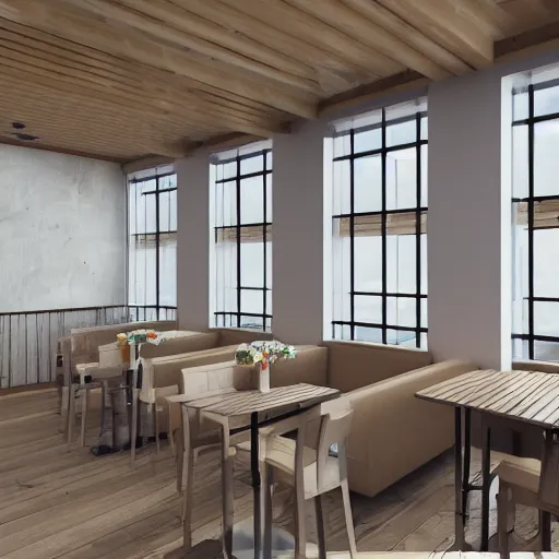 Prompt: an interior render of a cafe loft style with big panoramic windows