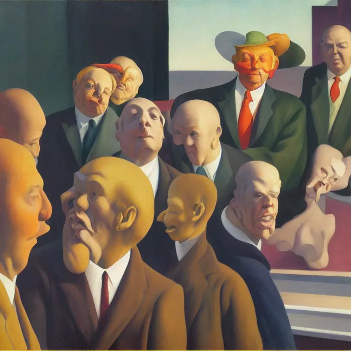 Prompt: group of people pictured in afternoon light, close - up of the faces, anatomically and proportionally correct : : surrealist oil painting by edward hopper, georg grosz, francis bacon and rene magritte, detailed