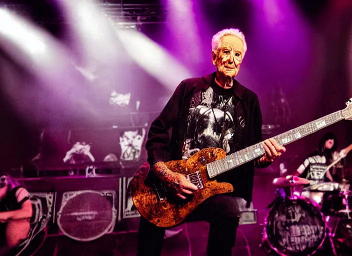 Image similar to publicity photo still of bob barker in a death metal band playing live on stage, 8 k, live concert lighting, mid shot