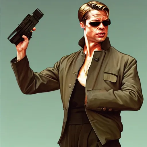 Prompt: brad pitt in the matrix, in the style of studio ghibli, j. c. leyendecker, greg rutkowski, artgerm