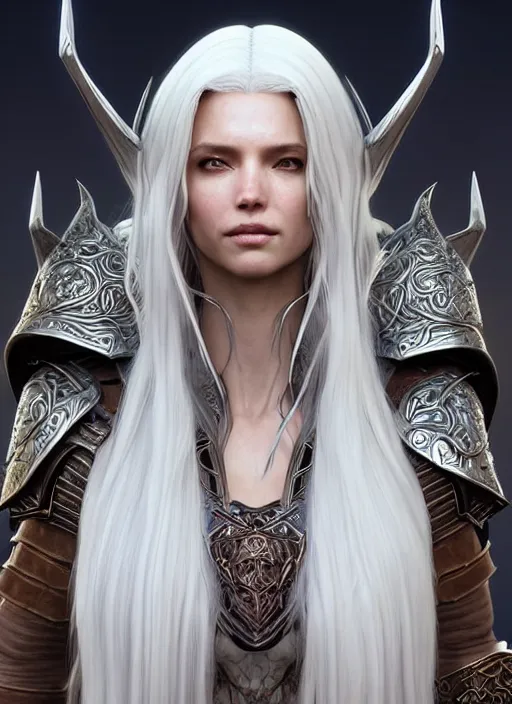 Image similar to opal leather armor!!! long wild white hair!! covered chest!!! fantasy, d & d, intricate ornate details, symmetry, concept art, sharp focus, illustration, art by artgerm! greg rutkowski magali villeneuve wlop! ilya kuvshinov!!, octane render, unreal engine 5, highly rendered!!