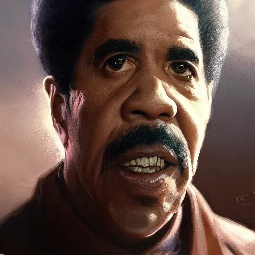 Image similar to closeup portrait of richard pryor, dramatic lighting, city background, chiaroscuro, high detail, painted by greg rutkowski, painted by igor kieryluk, painted by bobby chiu, trending on artstation