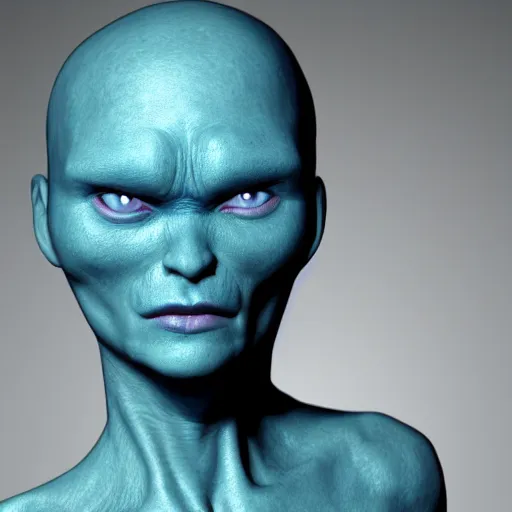 Image similar to a female humanoid alien with blue skin and large black eyes with a short side cut